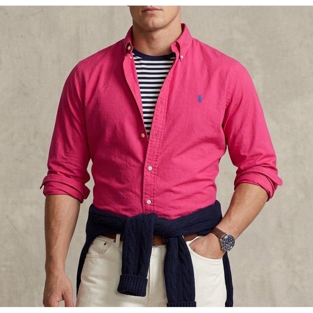 VTG Ralph Lauren Men's L Tall Hot Pink Cotton Button Down Long Sleeve Shirt LT
